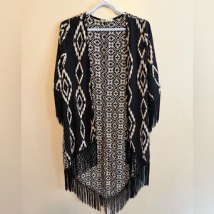 Black and Cream Fringe Kimono Cardigan